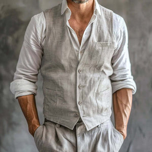Men's Casual Cotton Linen V-neck Single-breasted Patch Pockets Vest