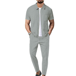 Men's Waffle Solid Color Short Sleeve Shirt And Pants Set