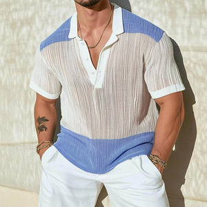 Men's Casual Contrast Lapel Loose Single Knit Short Sleeve Polo Shirt