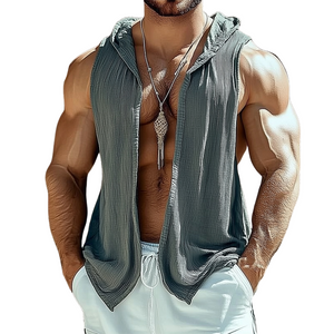 Men's Dark Gray Textured Hooded Unbuttoned Tank Top