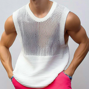 Men's Casual Crew Neck Hollow Out Patchwork Knitted Tank Top