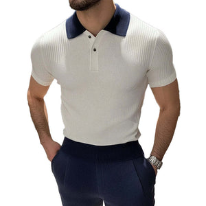 Men's Casual Contrast Color Knitted Short-Sleeved Polo Shirt