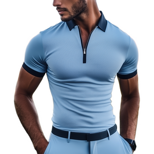 Men's Fashion Slim Fit Pit Stripe Splicing Mercerized Cotton Golf Short Sleeve POLO Shirt