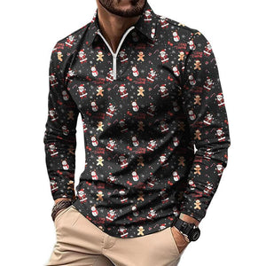 Men's Retro Casual Christmas Floral Print Long Sleeve Polo Shirt