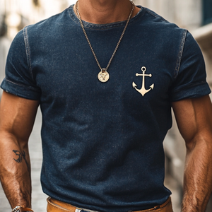 Men's Retro Denim Washed Anchor Print Round Neck Slim Fit Short Sleeve T-Shirt