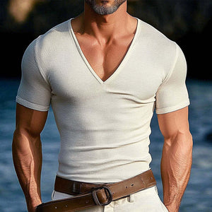 Men's Solid Color Knitted V-Neck Casual Short Sleeve T-Shirt