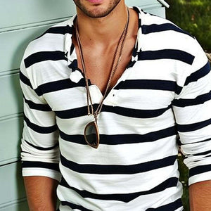 Men's Casual Striped Henley Collar Long Sleeve T-Shirt