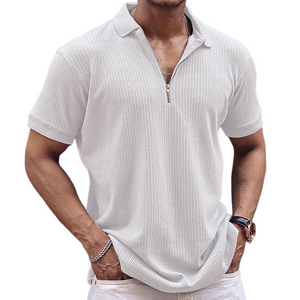 Men's Retro Casual Solid Color Zipper Neck Short Sleeve T-Shirt