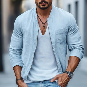 Men's Fashion Solid Cotton And Linen Stand Collar Chest Pocket Zipper Jacket