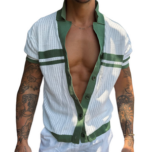 Men's Knit Striped Notch Lapel Single Breasted Short Sleeve Polo Shirt