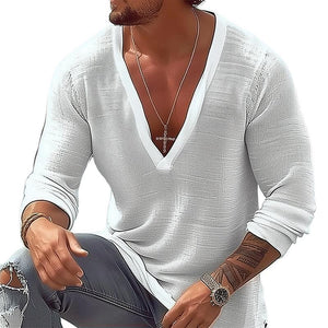 Men's Casual Cotton Linen V-neck Loose Long Sleeve T-shirt