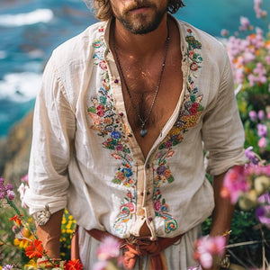 Men's Casual Vintage Embroidered Long Sleeve Shirt