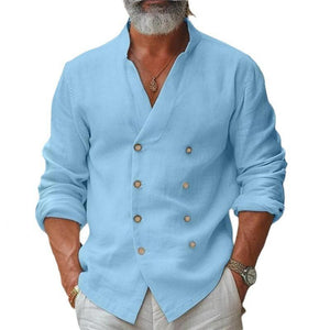 Men's Cotton And Linen Stand Collar Double Breasted Long Sleeve Shirt