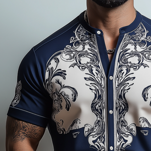 Men's Retro Casual Baroque Palace Printed Collarless Short Sleeve Shirt