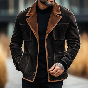Men's Colorblock Suede Notch Lapel Multi-pocket Single Breasted Blazer Jacket