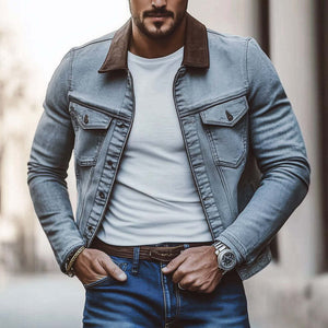 Men's Gray Distressed Lapel Washed Denim Jacket