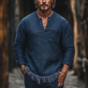 Men's Vintage Navy V-neck Cotton And Linen Casual T-shirt