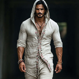 Men's Retro Casual Linen Embroidered Hooded Long Sleeve Shirt