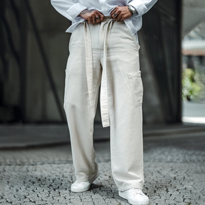 Men's Solid Cotton And Linen Mid Waist Straight Casual Pants