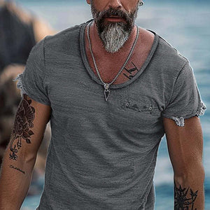 Men's Retro Solid Color Round Neck Raw Edge Short Sleeve T-Shirt