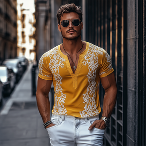 Men's Spring Fashion Deep V Neck Exquisite Embroidery Cotton Short Sleeve T-shirt