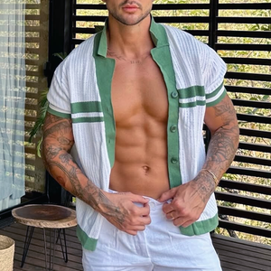 Men's Knit Striped Notch Lapel Single Breasted Short Sleeve Polo Shirt