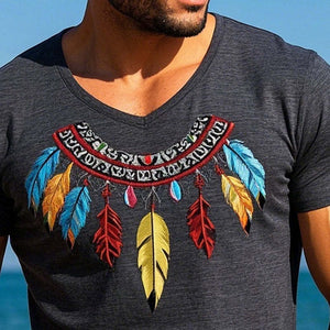 Men's Cotton Blend Feather Embroidered Short Sleeve T-Shirt