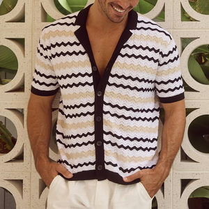 Men's Knit Wavy Pattern Notch Lapel Single Breasted Short Sleeve Polo Shirt