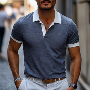Men's Casual Comfort Cotton Linen Colorblock Lapel Slim Fit Short Sleeve Polo Shirt