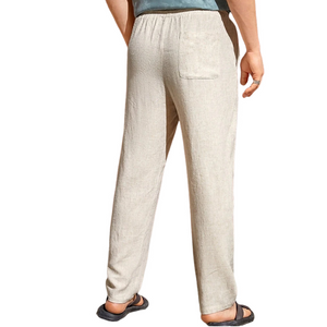 Men's Casual Cotton Linen Elastic Waist Straight Pants