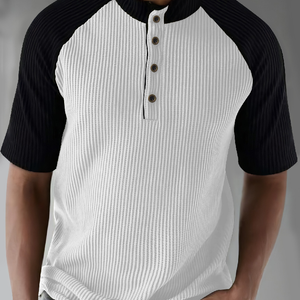 Men's Casual Contrast Color Pitted Henley Collar Loose Short Sleeve T-Shirt