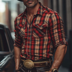Men's Retro Fashion Casual Long Sleeve Plaid Shirt