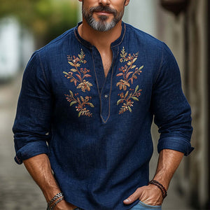 Men's Navy Blue Cotton And Linen Vintage Embroidered Long Sleeve T-Shirt