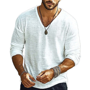 Men's Loose V-neck Textured Long Sleeve T-shirt