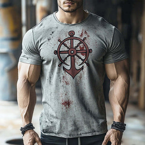 Men's Retro Nautical Anchor Print Casual Round Neck Short Sleeve T-Shirt