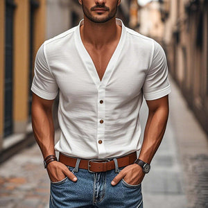 Men's Casual Cotton V-Neck Single-Breasted Slim Fit Short Sleeve Shirt