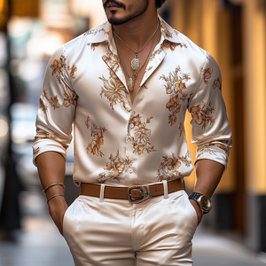Men's Spring And Summer Fashion Retro Floral Printed Satin Long Sleeve Shirt