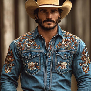 Men's Western Cowboy Style Embroidered Lapel Chest Pocket Long Sleeve Denim Shirt