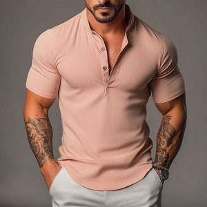 Men's Retro Casual Stand Collar Elastic Short Sleeve Shirt