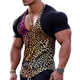 Men's Fashion Gradient Leopard Print Patchwork U-neck Tight Short Sleeve T-shirt