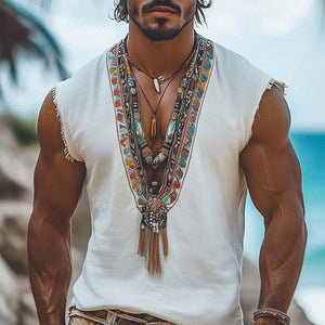 Men's Summer Retro Deep V Neck Embroidered Tank Top