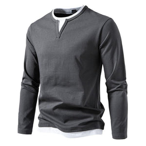 Men's Casual Color Matching Fake Two-Piece Double-Layer V-Neck Long-Sleeved T-Shirt