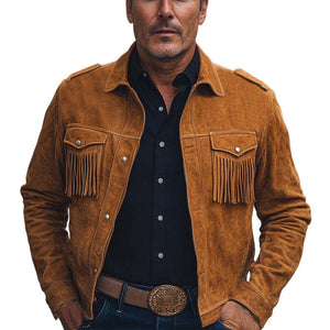 Men's Spring And Autumn Brown Vintage Tassel Suede Jacket