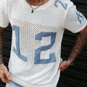 Men's Sport Lettering Jacquard Crew Neck Short Sleeve Sweater T-Shirt