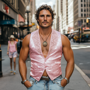 Men's Spring Fashion Retro Lace Splicing Jacquard Satin Slim Vest