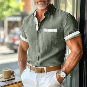 Men's Casual Cotton Linen Plaid Patchwork Lapel Slim Short-Sleeved Shirt