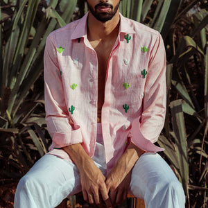Men's Fun Cactus Embroidered Long Sleeve Shirt