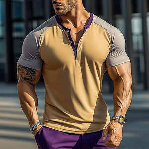 Men's Retro Casual Cotton Colorblock Henley Collar Short Sleeve T-Shirt