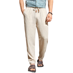 Men's Casual Cotton Linen Elastic Waist Straight Pants