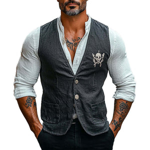 Men's Vintage Skull Print V-Neck Vest